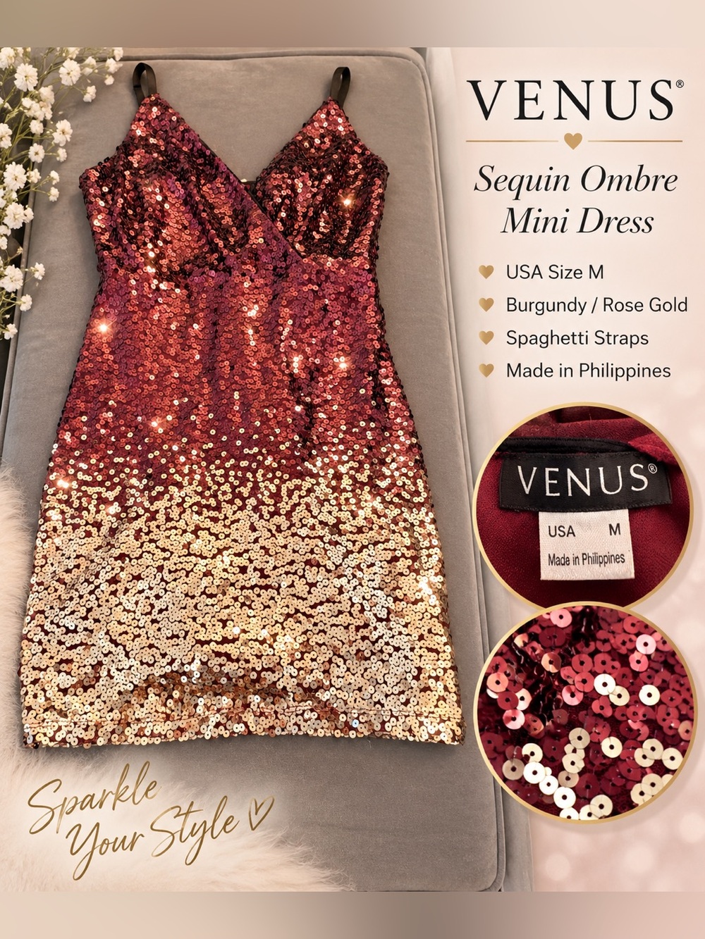 VENUS Burgundy and Rose Gold Sequin Ombre Mini Dress